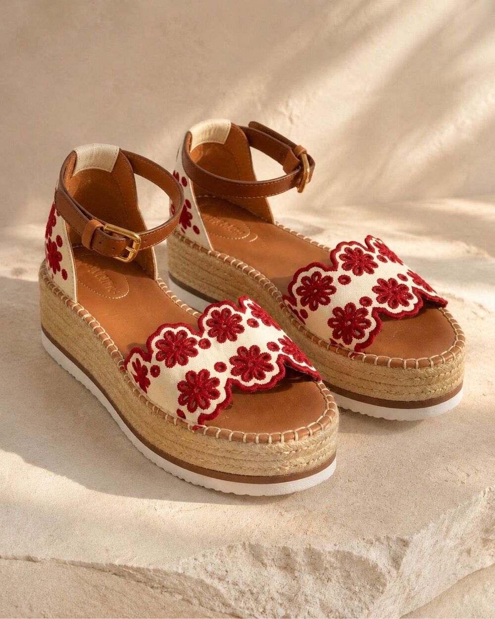 See by Chloé Glyn platform sandals in chalk and red, Sz 36/5.5 $365